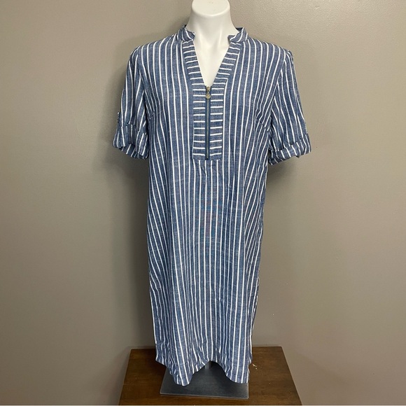 Anne Klein Shirt Dress Blue and White Stripes Cotten Blend Linen Feel - Picture 1 of 12